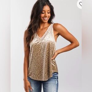 Animal Print Velvet Tank Top Lace Yoke V-Neck Leopard Print Romantic Boho Small